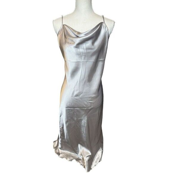 Bebe Women’s Satin Cowl Neck Slip Midi Dress Silver Fairy Size Large - Picture 5 of 9